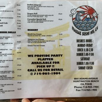 Irassae Sushi - Menu - Japanese Near Me - Huntington Beach, California