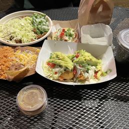 Chicken bowl, chips, fish taco, Ensenada shrimp tacos with rice and beans n cheese