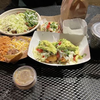 Holé Molé - Chicken bowl, chips, fish taco, Ensenada shrimp tacos with rice and beans n cheese - Mexican Near Me - Long Beach, California