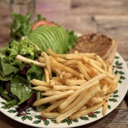 Turkey Burger with all the toppings and included fries and salad Turkey Burger with all the toppings and included fries and salad