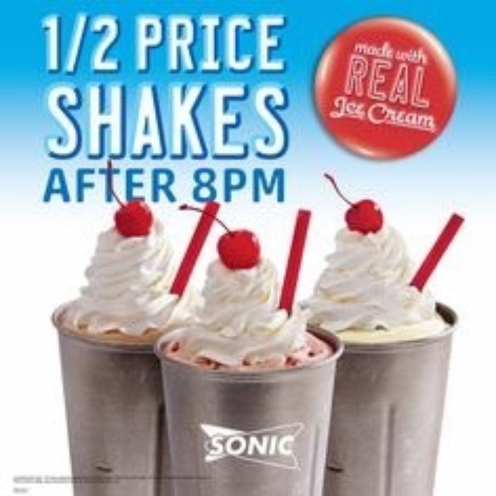 Sonic Drive-In - I like the 1/2 price shakes after 8. - Burgers Near Me - Ashdown, Arkansas Sonic Drive-In - I like the 1/2 price shakes after 8. - Burgers Near Me - Ashdown, Arkansas