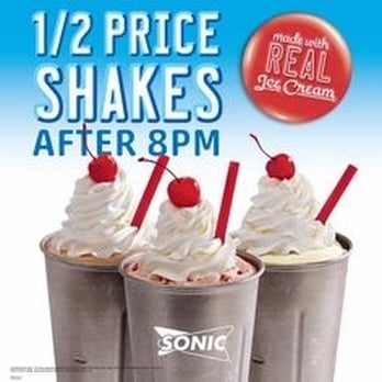 Sonic Drive-In - I like the 1/2 price shakes after 8. - Burgers Near Me - Ashdown, Arkansas Sonic Drive-In - I like the 1/2 price shakes after 8. - Burgers Near Me - Ashdown, Arkansas