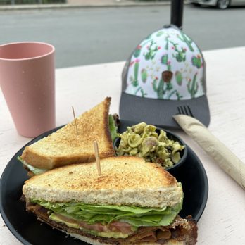 Rebel Cheese - Turkey Bacon Club with a side of Pesto Pasta Salad - Vegan Near Me - Austin, Texas Rebel Cheese - Turkey Bacon Club with a side of Pesto Pasta Salad - Vegan Near Me - Austin, Texas