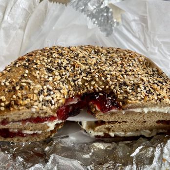 Howard Beach Bagel Cafe - Everything whole wheat flat bagel toasted with cream cheese & jelly - Bagels Near Me - Howard Beach, New York Howard Beach Bagel Cafe - Everything whole wheat flat bagel toasted with cream cheese & jelly - Bagels Near Me - Howard Beach, New York