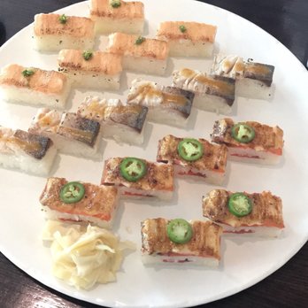 Miku - From top to bottom: ebi oshi sushi, saba oshi sushi, and salmon oshi sushi - Japanese Near Me - Vancouver, British Columbia