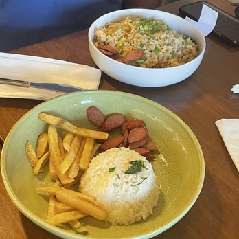 Inca Kingdom - Fried rice dish and fries and sausage with white rice - Peruvian Near Me - Thousand Oaks, California