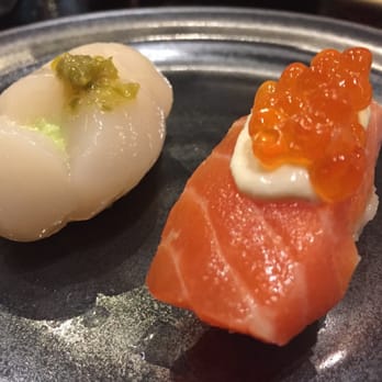 Sushi Sasabune - Scallop and Scotland salmon with rainbow trout caviar nigiri - Sushi Bars Near Me - Honolulu, Hawaii