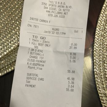 Phil's BBQ - Receipt shows SOS "sauce on the side" - Barbeque Near Me - San Diego, California