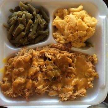 Big T Bar-B-Q - BBQ over rice with green beans and Mac and cheese - Barbeque Near Me - Columbia, South Carolina