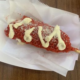 Hot Cheetos Korndog with Mayo and parmesan cheese