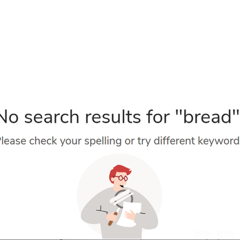 Safeway - The image displays a message indicating no search results for the keyword "bread." Below the message, there is a cartoon illustration of a person with red hair, glasses, and a gray shirt, holding a magnifying glass in one hand and a piece of paper in the other. The background is plain and the focus is on the message and illustration. - Grocery Near Me - Concord, California