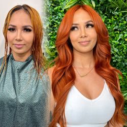 So Slay - Color removal to create a bright vibrant Copper
Then added Micro Beaded Weft known as the "handtied" hair extensions.