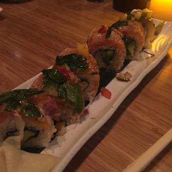Izakaya Den - New Style Salmon Roll - Japanese Near Me - Denver, Colorado Izakaya Den - New Style Salmon Roll - Japanese Near Me - Denver, Colorado