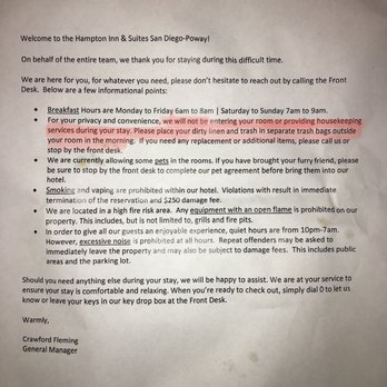 Hampton Inn & Suites San Diego-Poway - The proof that they are telling guests to put the trash and linens in the hallway creating a trip hazard - Hotels Near Me - Poway, California Hampton Inn & Suites San Diego-Poway - The proof that they are telling guests to put the trash and linens in the hallway creating a trip hazard - Hotels Near Me - Poway, California