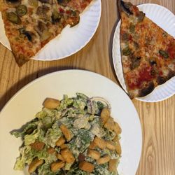 The Fold Goshen - MSG pizza slices - SPICY, HOT, BE CAREFUL! And a very dressing-covered, but yummy, Caesar salad.