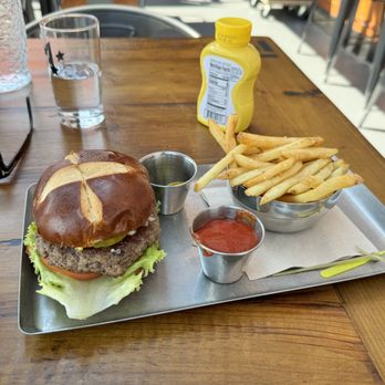 Empire Burgers + Brew - Jane burger with lettuce, tomato, bleu cheese crumbles, pickles and mustard. Fries on the side - Burgers Near Me - Lombard, Illinois