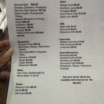 Madres Brunch - Menu with drinks they can't serve - Breakfast & Brunch Near Me - Riverside, California