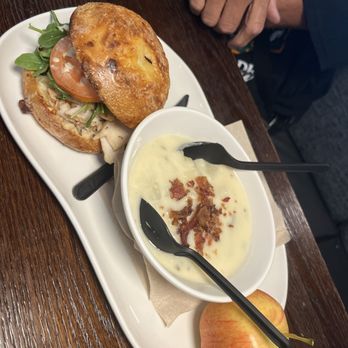 Panera Bread - Potato soup and Chicken Roma Asiago Bagel Stack with side free  apple - Soup Near Me - Rialto, California