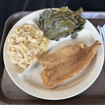The Candied Yam - $10 lunch special plate (1 meat and 2 sides) with catfish, mac and cheese, and collard greens (also comes with a piece of cornbread) - Comfort Food Near Me - Grand Rapids, Michigan