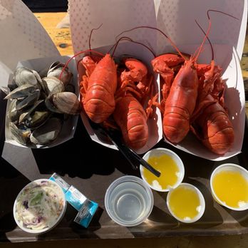 Boothbay Lobster Wharf - Twin lobster and Steamed Clams.. $29.99 for soft shell twin, good deal! - Seafood Near Me - Boothbay Harbor, Maine