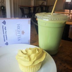 High Tea Bakery - Vanilla Pistachio cupcake and Matcha Blueberry smoothie like drink.