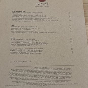 Tomat - Dinner Menu 3/21/26 - New American Near Me - Los Angeles, California