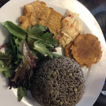 Gisele's Creole Cuisine - Mushroom black rice, fried plantains, salad, cabbage - Bars Near Me - Silver Spring, Maryland