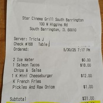 Star Cinema Grill - Notice how Star Cinema fradulently adds the 18% gratuity and preauthorizes the charge on your credit card so you have no recourse. - Cinema Near Me - South Barrington, Illinois Star Cinema Grill - Notice how Star Cinema fradulently adds the 18% gratuity and preauthorizes the charge on your credit card so you have no recourse. - Cinema Near Me - South Barrington, Illinois