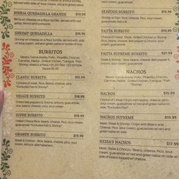 Menu as of July 2026 - Quesadillas (cont'd), Burritos & Nachos