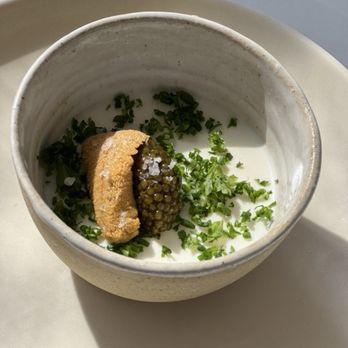 Bell's - santa barbara uni with regiis ova 'hybrid' caviar & crème & crème fraiche panna cotta =$25 - French Near Me - Los Alamos, California