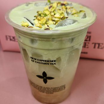 Molly Tea - 开心果小兰花 Pistachio Jasmine Coco  Champaca Matcha + coconut water + pistachio cheese foam - Coffee & Tea Near Me - Atlanta, Georgia