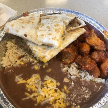 Chino Bandido - Jade Red Chicken. Machaca in a quesadilla and chicken fried rice with refried beans. - Mexican Near Me - Phoenix, Arizona Chino Bandido - Jade Red Chicken. Machaca in a quesadilla and chicken fried rice with refried beans. - Mexican Near Me - Phoenix, Arizona