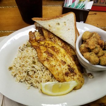 Campfire Grill Texas Kitchen - Blackened catfish with dirty rice and fried okra - Comfort Food Near Me - Watauga, Texas