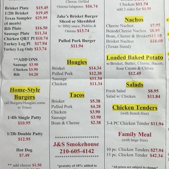 J&S Smokehouse - Page 1 of menu - Barbeque Near Me - Elmendorf, Texas J&S Smokehouse - Page 1 of menu - Barbeque Near Me - Elmendorf, Texas