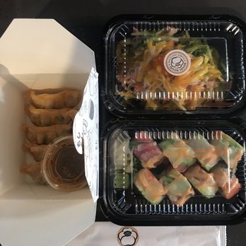 Moshi Moshi - Crispy Pork Gyoza, Moshi Moshi Salad and Out of Control Roll - Sushi Bars Near Me - Long Beach, New York