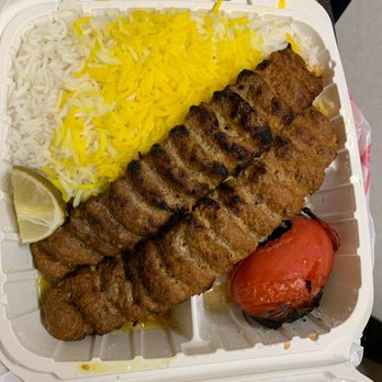 Caspian Restaurant - Beef Kebab (Koobideh) Two skewers of ground beef tastefully seasoned with onions. Served with rice and grilled tomato. - Mediterranean Near Me - Mountain View, California
