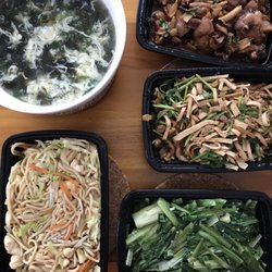 Green Onion Chinese Food - Basil chicken, shredded pork with tofu, stir fried leafy greens, chicken chow mian, and seaweed egg drop soup. Soooo yummy!