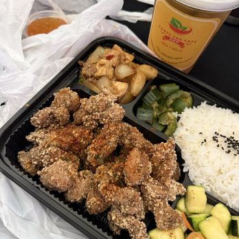 Taste Tea Cafe - Doordashed spicy chicken (popcorn chicken) bento with green tea - Taiwanese Near Me - Artesia, California Taste Tea Cafe - Doordashed spicy chicken (popcorn chicken) bento with green tea - Taiwanese Near Me - Artesia, California
