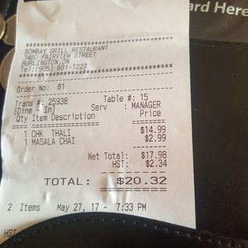 The Bombay Grill Restaurant - Bill - Indian Near Me - Burlington, Ontario