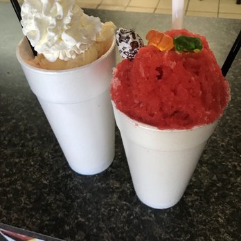 Rainbow Snow Cones - Peach Delight and Cherry Snow Cone w/ watermelon pieces - Desserts Near Me - Dallas, Texas