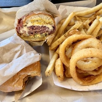 Burger & Cream - L-R: The Western, The Guido (husband already munching on the other half), Halfsies family size with fries and onion rings - Desserts Near Me - Auburn, California Burger & Cream - L-R: The Western, The Guido (husband already munching on the other half), Halfsies family size with fries and onion rings - Desserts Near Me - Auburn, California