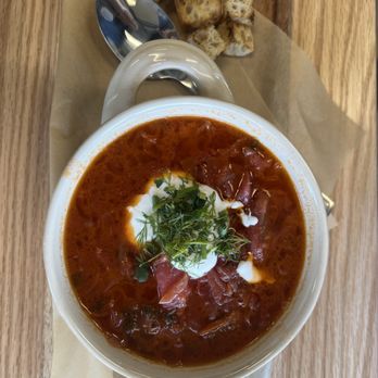 Sunflower Bakery and Cafe - Borsh ( Vegetarian soup with red beets, cabbage, potato and more veggies) - Breakfast & Brunch Near Me - Meridian, Idaho Sunflower Bakery and Cafe - Borsh ( Vegetarian soup with red beets, cabbage, potato and more veggies) - Breakfast & Brunch Near Me - Meridian, Idaho