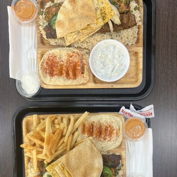Pita Paradise - Chef's Plate, with Cucumber Yogurt Salad and Hummus.  Two Grilled Skewers Plate, with Hummus and Fries. - Mediterranean Near Me - La Mirada, California