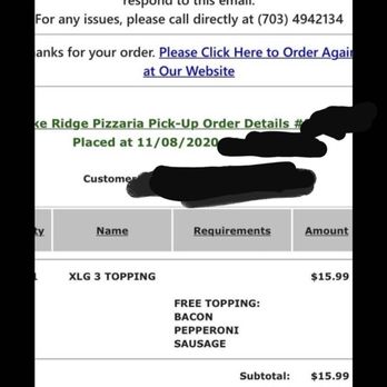 Lake Ridge Pizzaria - This shows I ordered an XL pizza, it's even got Lake Ridge's phone number saying if you have a question to call! - Pizza Near Me - Woodbridge, Virginia