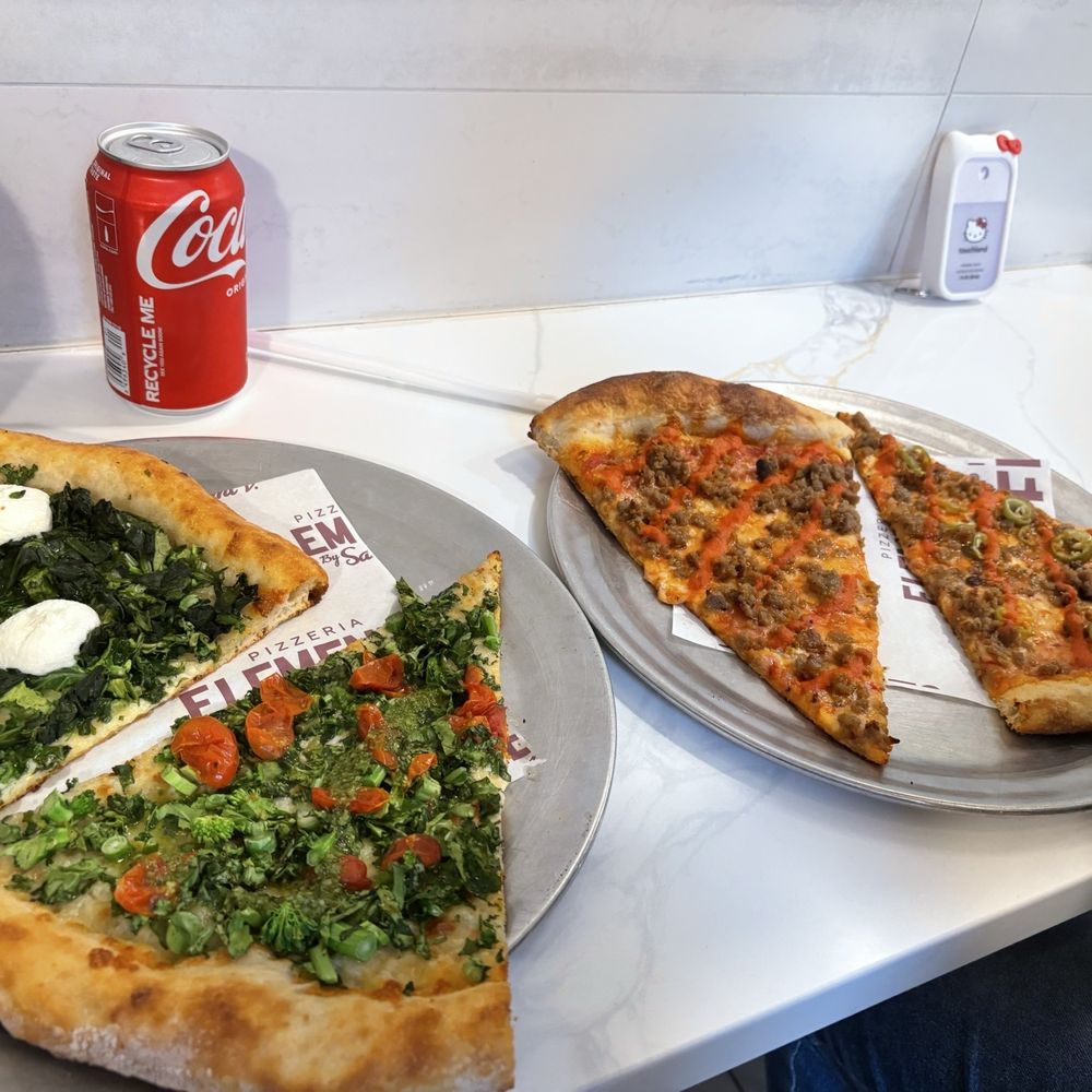 Meatball pizza with and without serrano, pesto pizza, and spinach pizza.