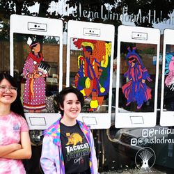 Sage & Oats Trading Post - Downtown window art walk, Social Distance Pow Wow, by youth artist Kyra (Northern Cheyenne) and friend Emily.
