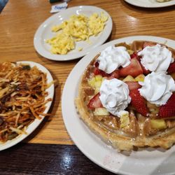 Tasty Waffle - Tropical Waffle with their well known Homestyle hash brown/fries and a perfectly done scrambled egg