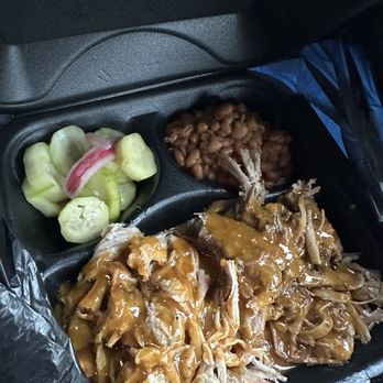 Malson's BBQ - Pulled chicken, smoked brisket with baked beans and cucumbers - Southern Near Me - Kingsland, Georgia
