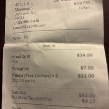 Kapadokya Mediterranean Grill - $7 for non Pellegrino water.. $11 for 1 piece of Tres Leche? - Mediterranean Near Me - Monmouth Junction, New Jersey Kapadokya Mediterranean Grill - $7 for non Pellegrino water.. $11 for 1 piece of Tres Leche? - Mediterranean Near Me - Monmouth Junction, New Jersey