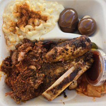 Bearded BBQ Maui - BBQ chicken and pulled pork combo with mac and cheese, soy eggs, pickles and kim chee - Food Trucks Near Me - Kahului, Hawaii